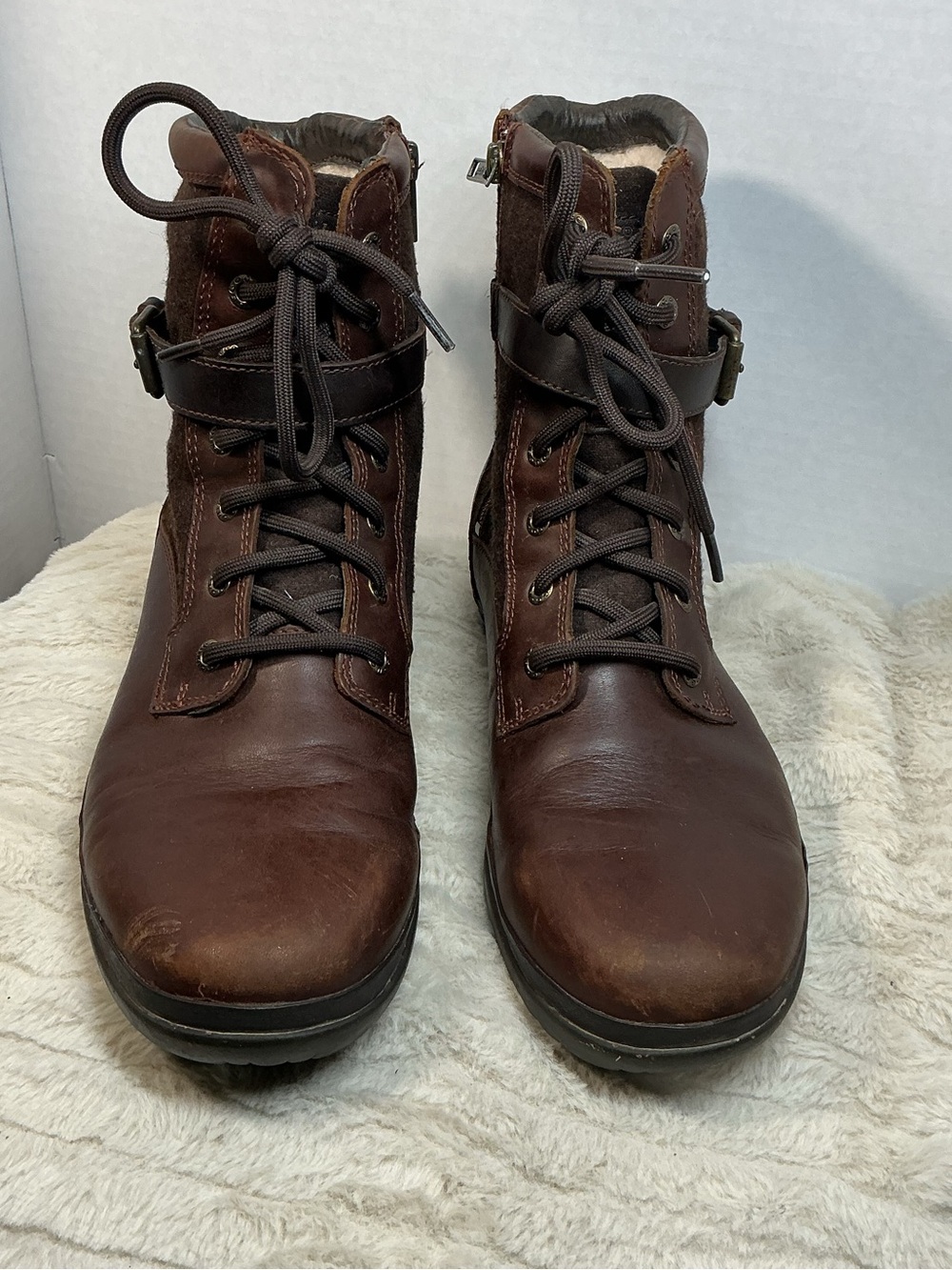 UGG Kesey Waterproof Boots Women’s 9.5 Brown Leather Wool Lined Lace Up Zip